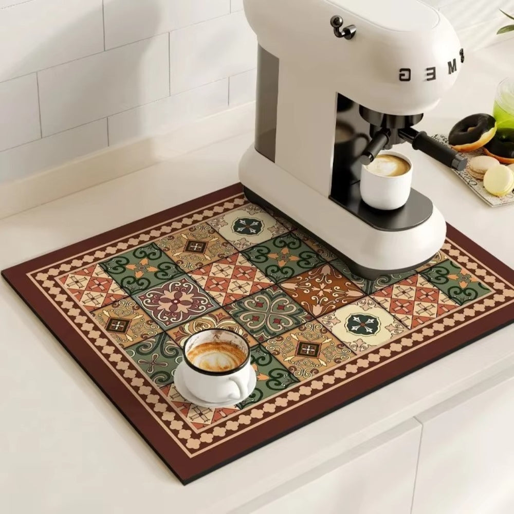 Tapis pour cafetière avec motif carrelage rétro – protection absorbante pour plan de travail