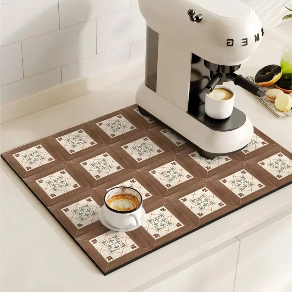 Tapis pour cafetière avec motif carrelage rétro – protection absorbante pour plan de travail