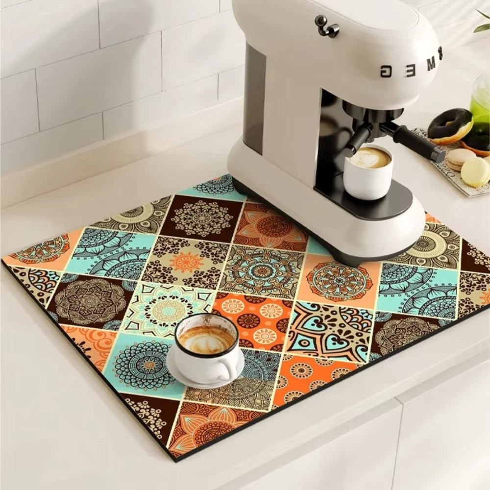 Tapis pour cafetière avec motif carrelage rétro – protection absorbante pour plan de travail