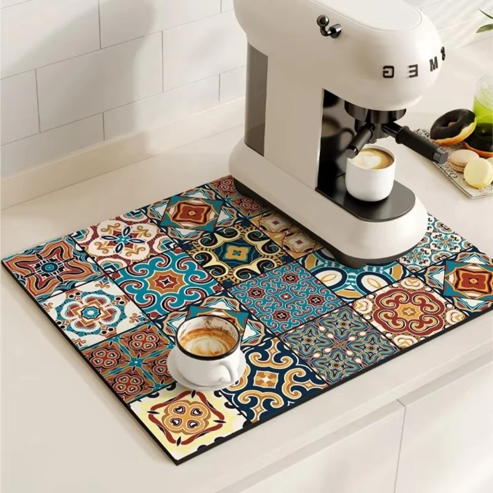Tapis pour cafetière avec motif carrelage rétro – protection absorbante pour plan de travail