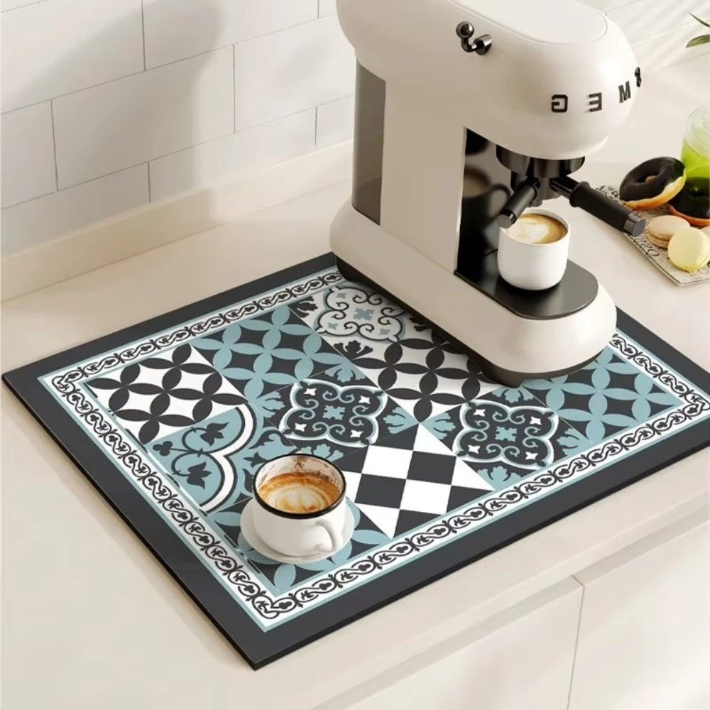 Tapis pour cafetière avec motif carrelage rétro – protection absorbante pour plan de travail