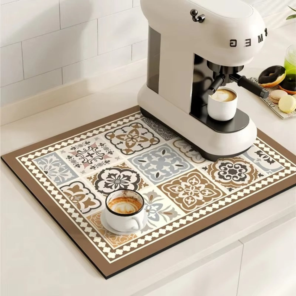 Tapis pour cafetière avec motif carrelage rétro – protection absorbante pour plan de travail