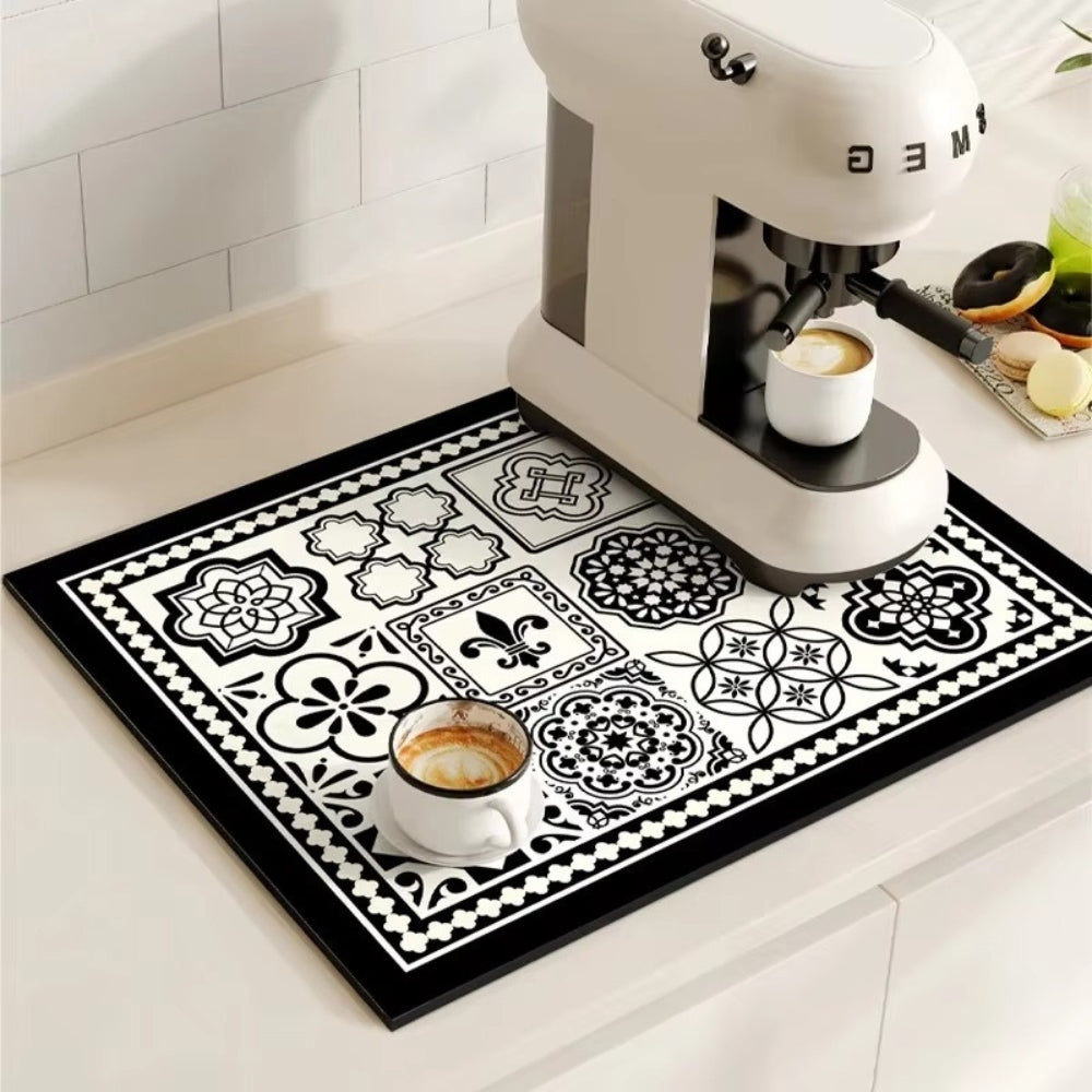 Tapis pour cafetière avec motif carrelage rétro – protection absorbante pour plan de travail