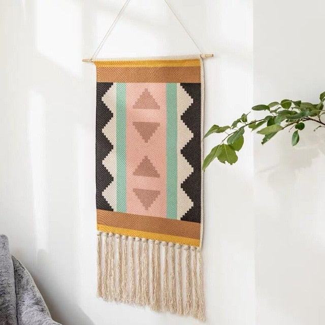 Tapisserie murale tissée à motifs géométriques et franges