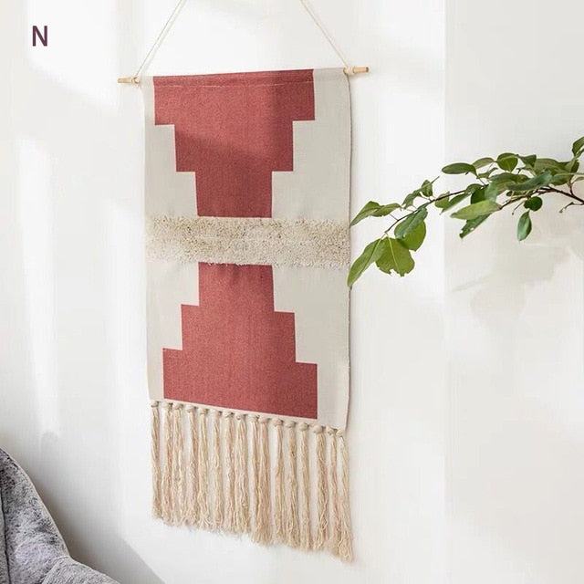 Tapisserie murale tissée à motifs géométriques et franges