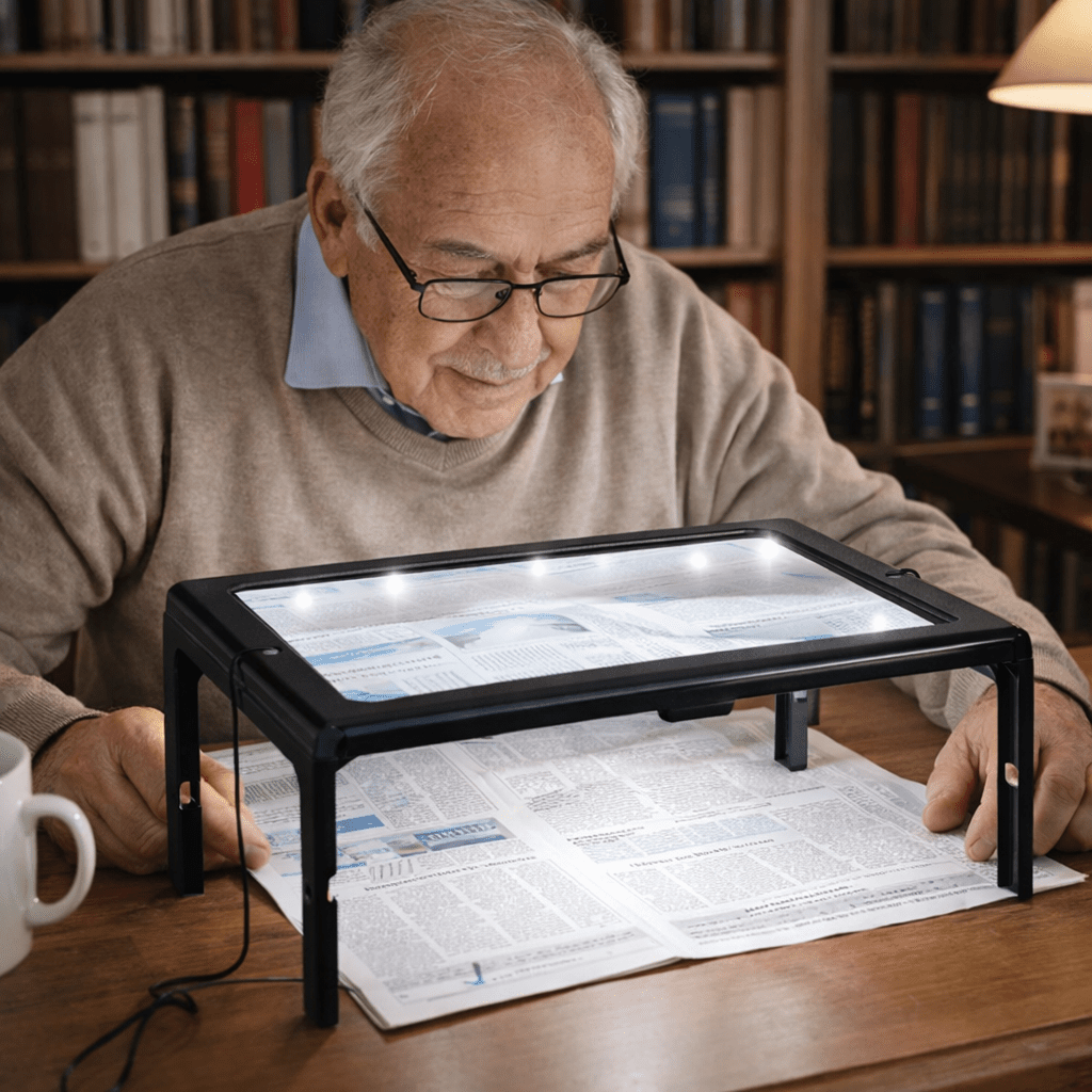 TEXTDESK – Foldable 3x Table Magnifier with LED Lighting for Hands-Free Reading