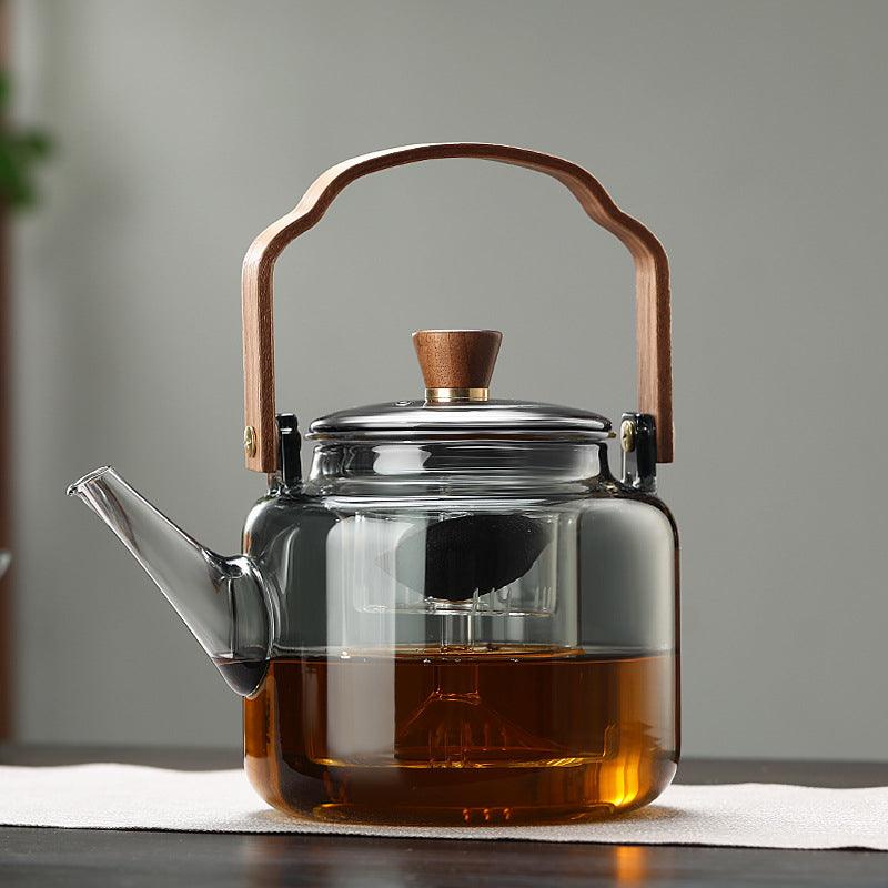Théière en verre avec couvercle en bois et filtre – 1,2 l, verre fumé et bois pour un service à thé élégant