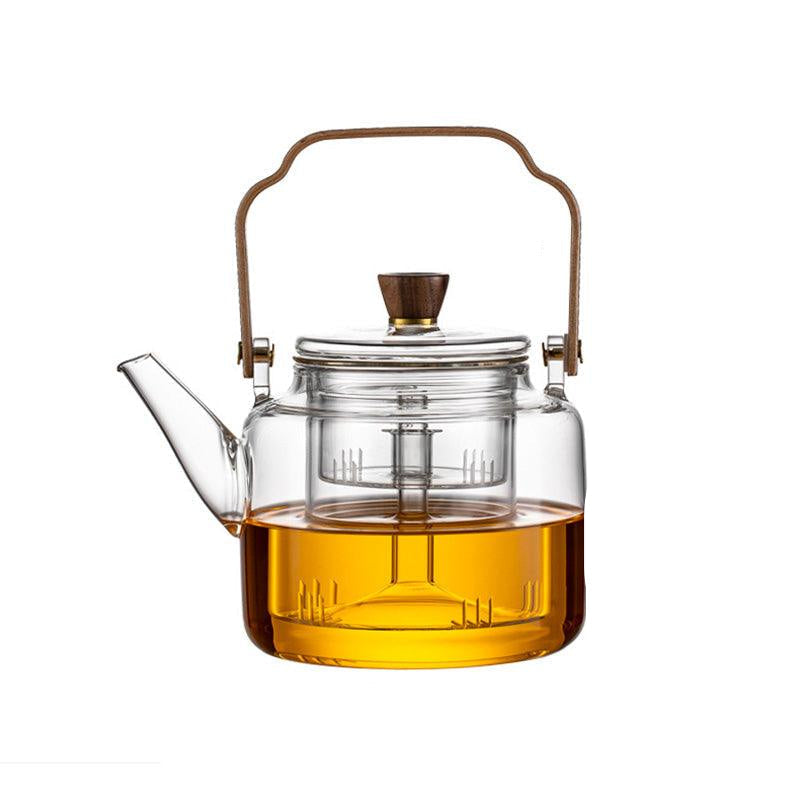 Théière en verre avec couvercle en bois et filtre – 1,2 l, verre fumé et bois pour un service à thé élégant