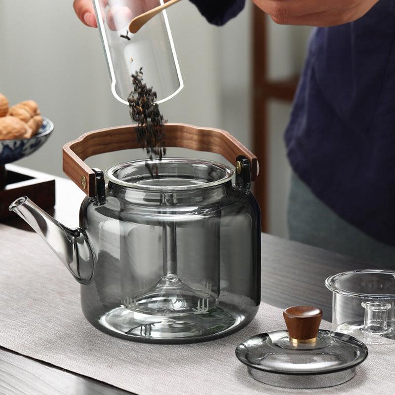 Théière en verre avec couvercle en bois et filtre – 1,2 l, verre fumé et bois pour un service à thé élégant