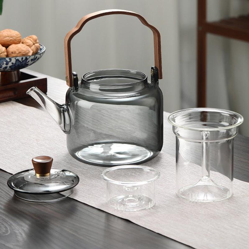 Théière en verre avec couvercle en bois et filtre – 1,2 l, verre fumé et bois pour un service à thé élégant