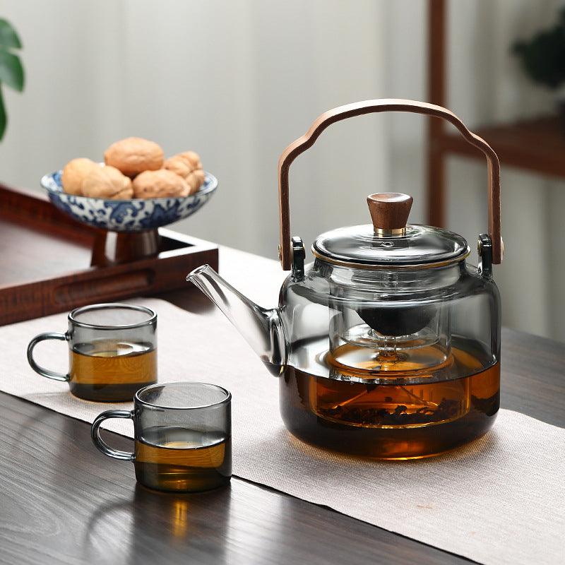 Théière en verre avec couvercle en bois et filtre – 1,2 l, verre fumé et bois pour un service à thé élégant