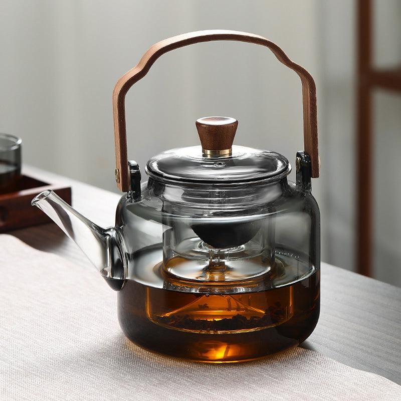 Théière en verre avec couvercle en bois et filtre – 1,2 l, verre fumé et bois pour un service à thé élégant