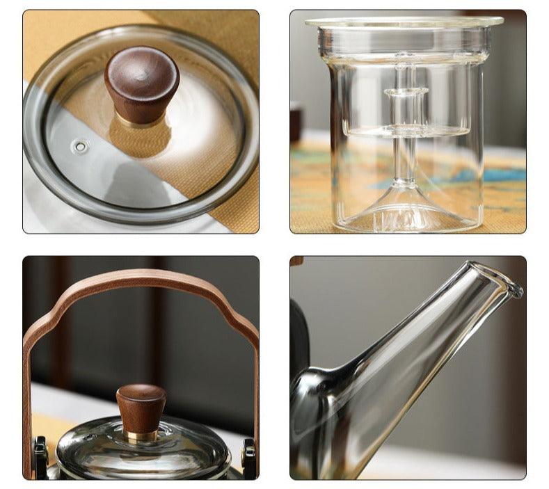 Théière en verre avec couvercle en bois et filtre – 1,2 l, verre fumé et bois pour un service à thé élégant