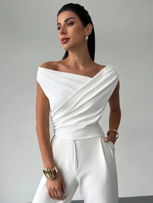 Top froncé et croisé pour femme – encolure ronde et coupe élégante