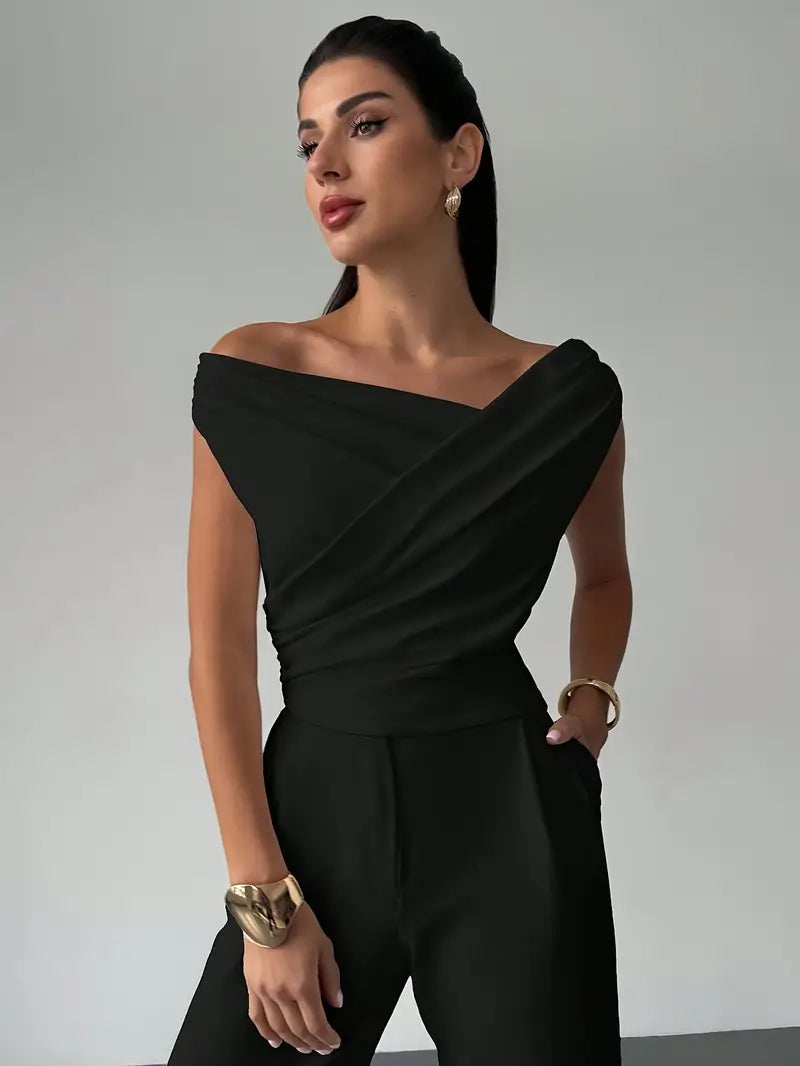 Top froncé et croisé pour femme – encolure ronde et coupe élégante