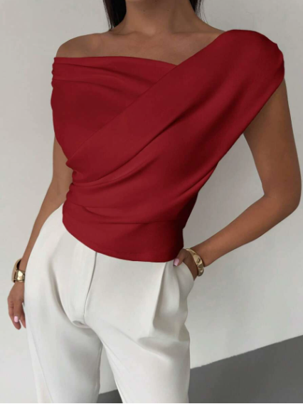 Top froncé et croisé pour femme – encolure ronde et coupe élégante