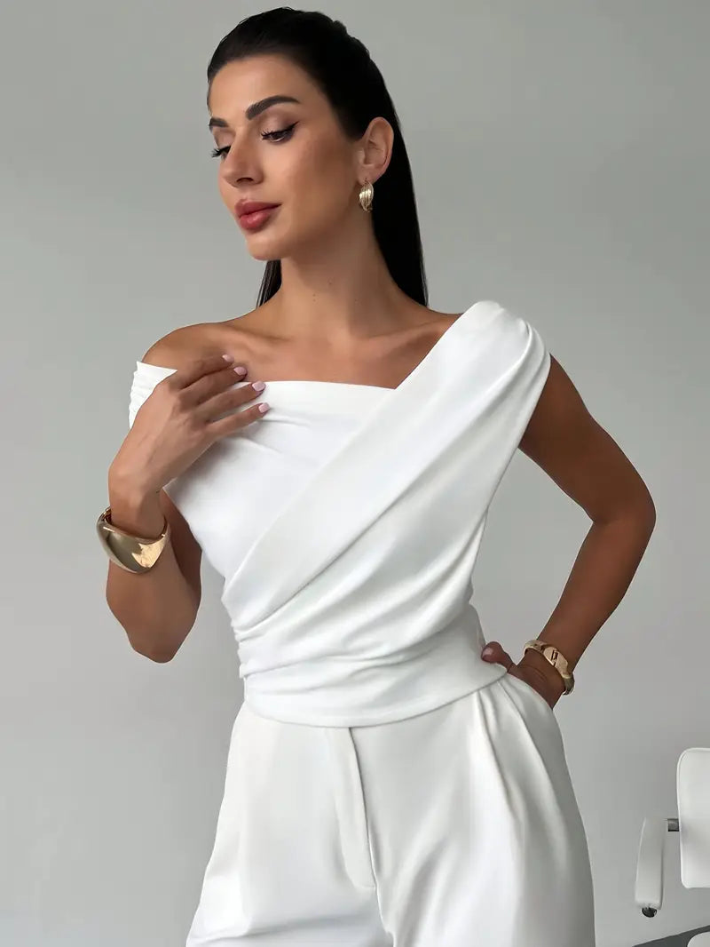 Top froncé et croisé pour femme – encolure ronde et coupe élégante