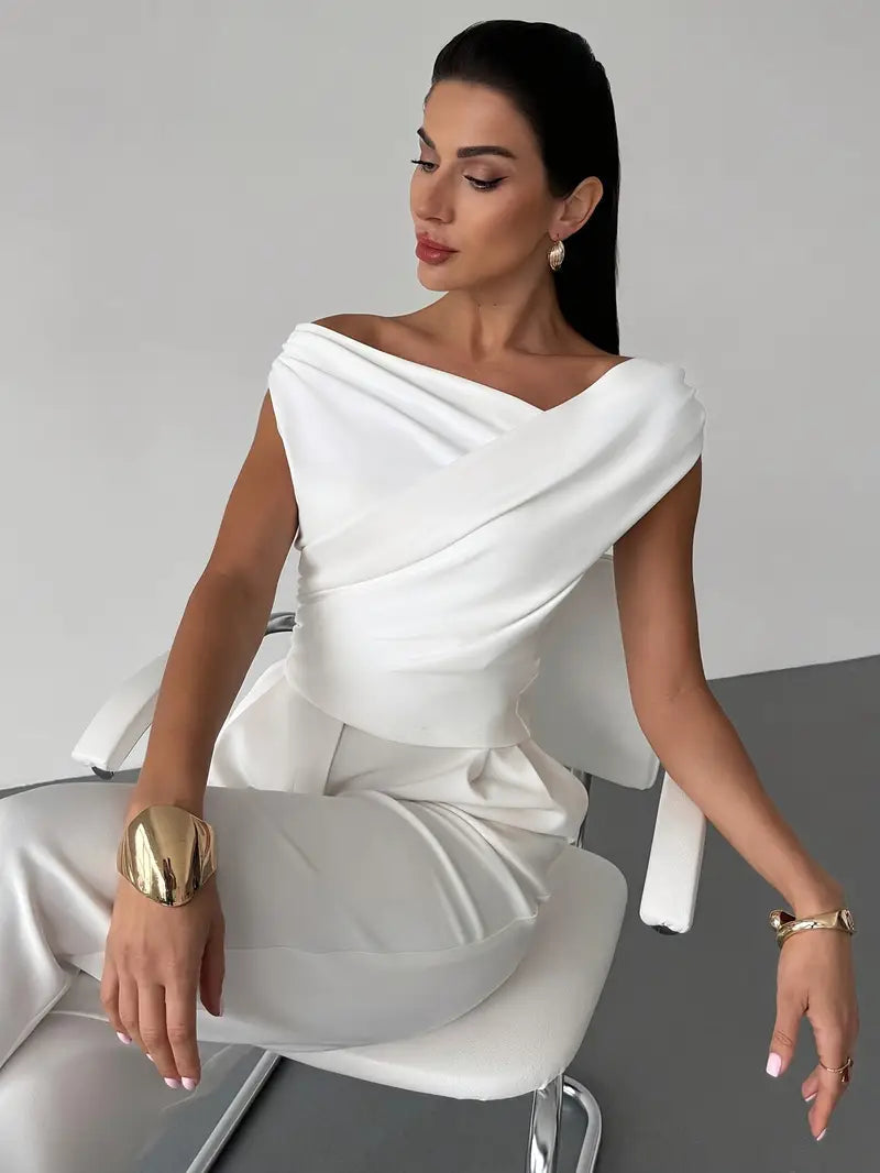 Top froncé et croisé pour femme – encolure ronde et coupe élégante