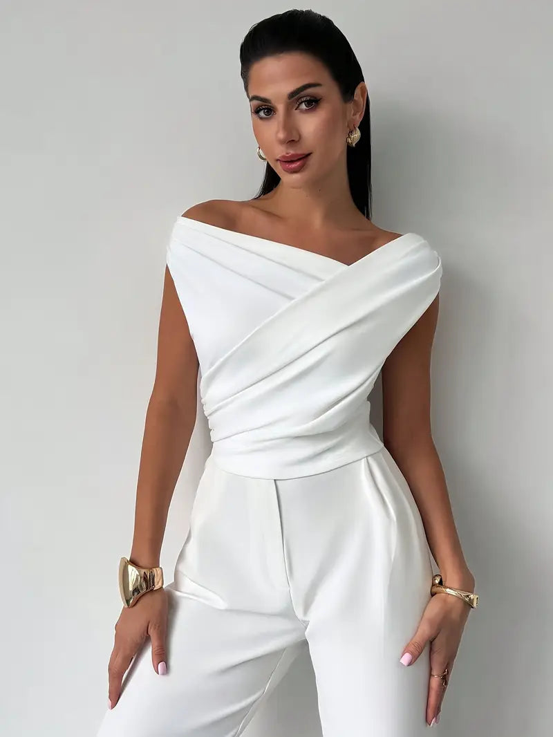 Top froncé et croisé pour femme – encolure ronde et coupe élégante