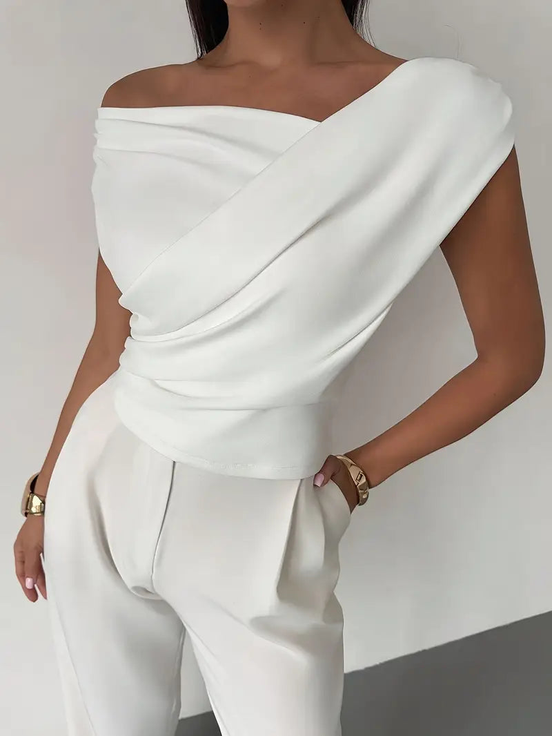 Top froncé et croisé pour femme – encolure ronde et coupe élégante