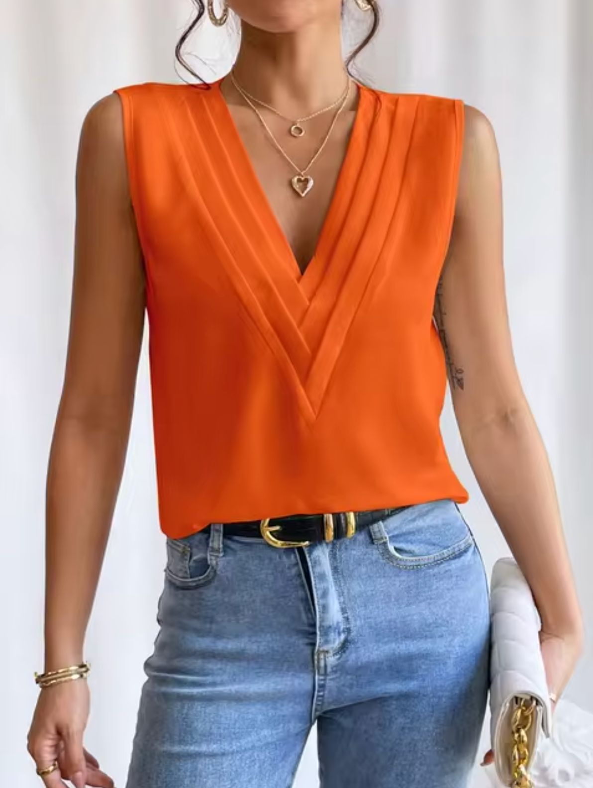 Top sans manches femme col V plissé