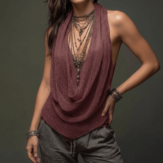 Top sans manches tricoté col halter drapé cowl