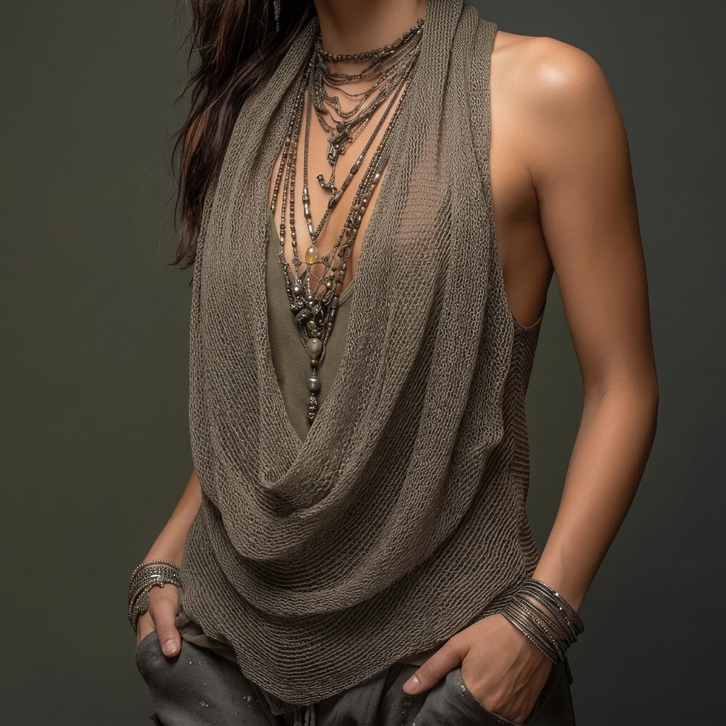 Top sans manches tricoté col halter drapé cowl
