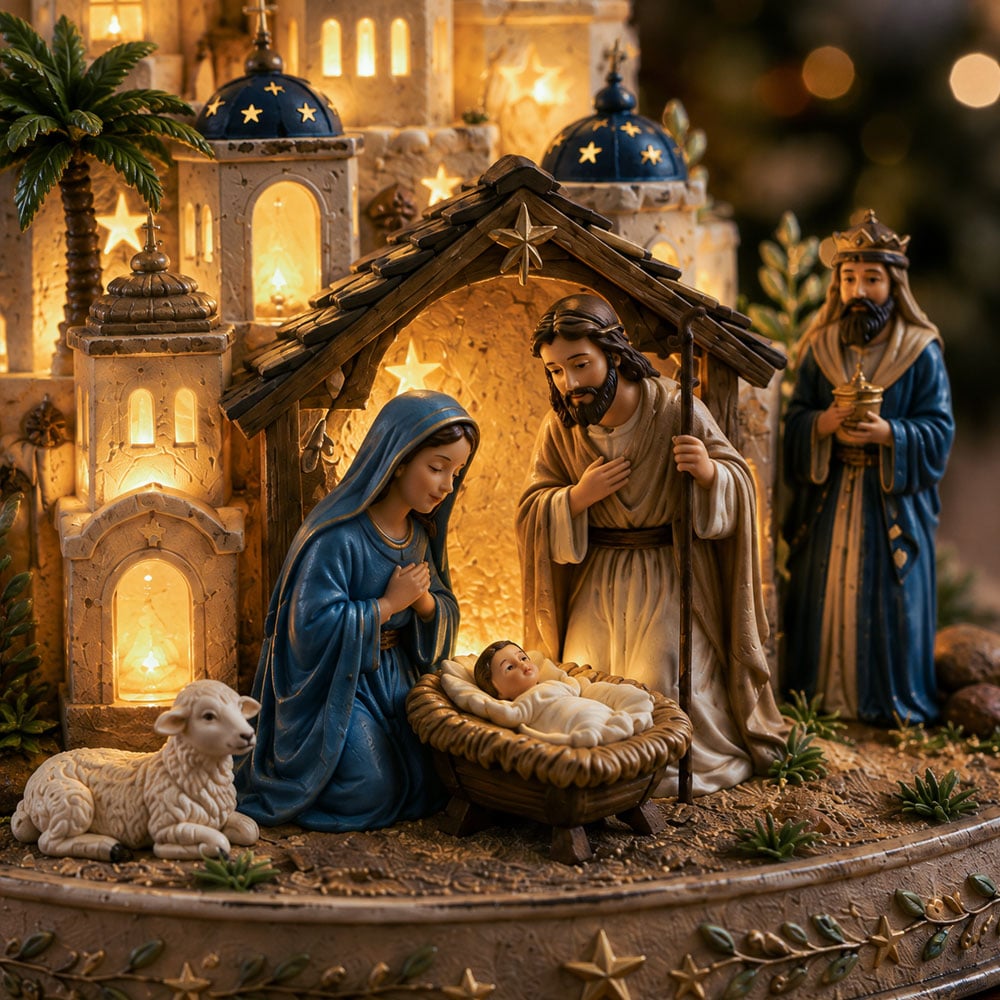 Tour de l'église de la Nativité à Bethléem avec éclairage