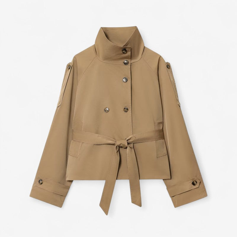 Trench-coat court croisé à col montant pour femme