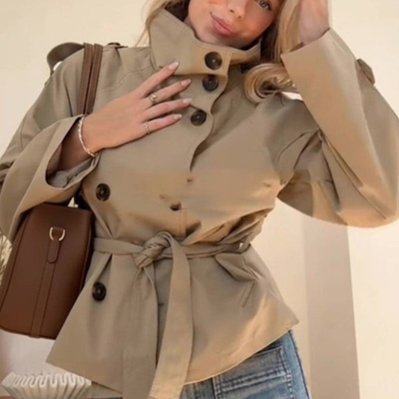 Trench-coat court croisé à col montant pour femme