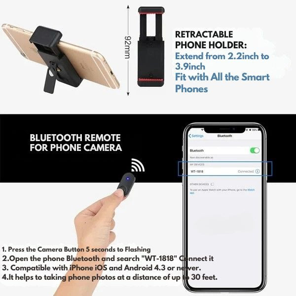 Trépied télescopique pour téléphone avec télécommande Bluetooth – perche à selfie et support universels