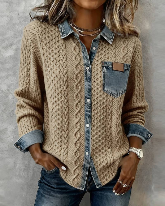 Tricot: tricot boutonné à col et empiècements pour femme