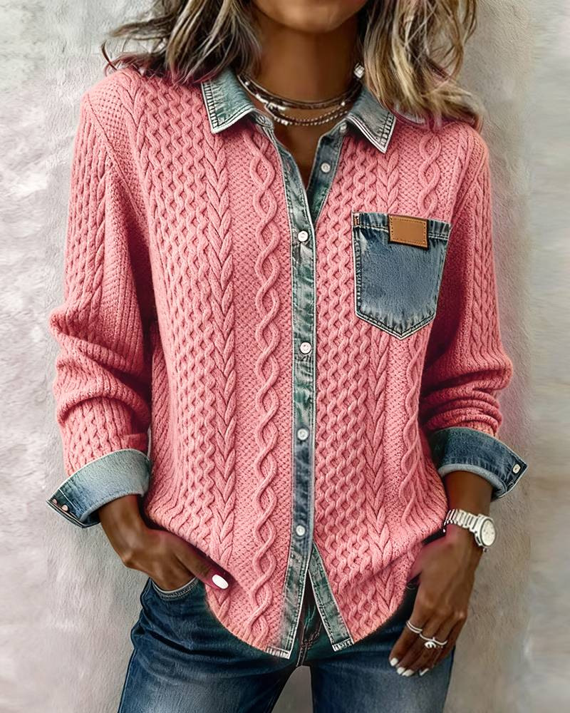 Tricot: tricot boutonné à col et empiècements pour femme