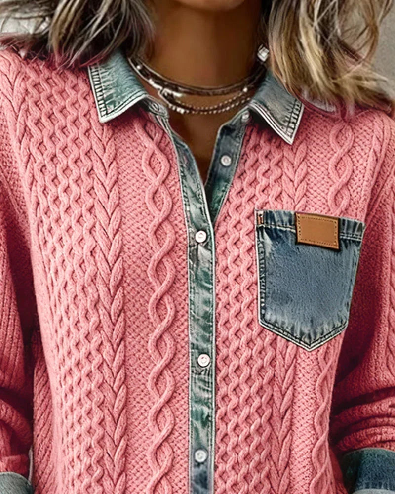 Tricot: tricot boutonné à col et empiècements pour femme