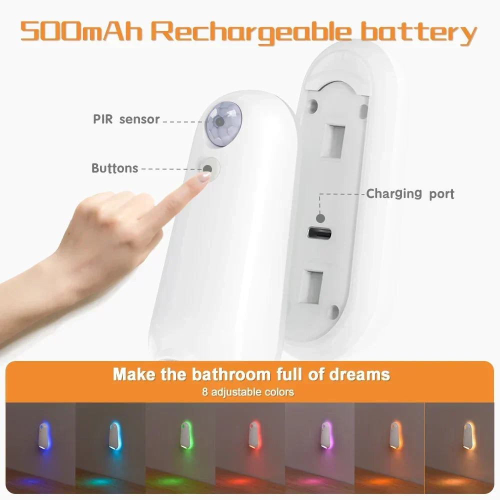 Veilleuse de toilettes à détecteur de mouvement, couleurs RGB, rechargeable, étanche IPX3