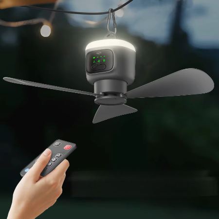 Ventilateur de plafond d'extérieur rechargeable 12000 mAh avec éclairage LED