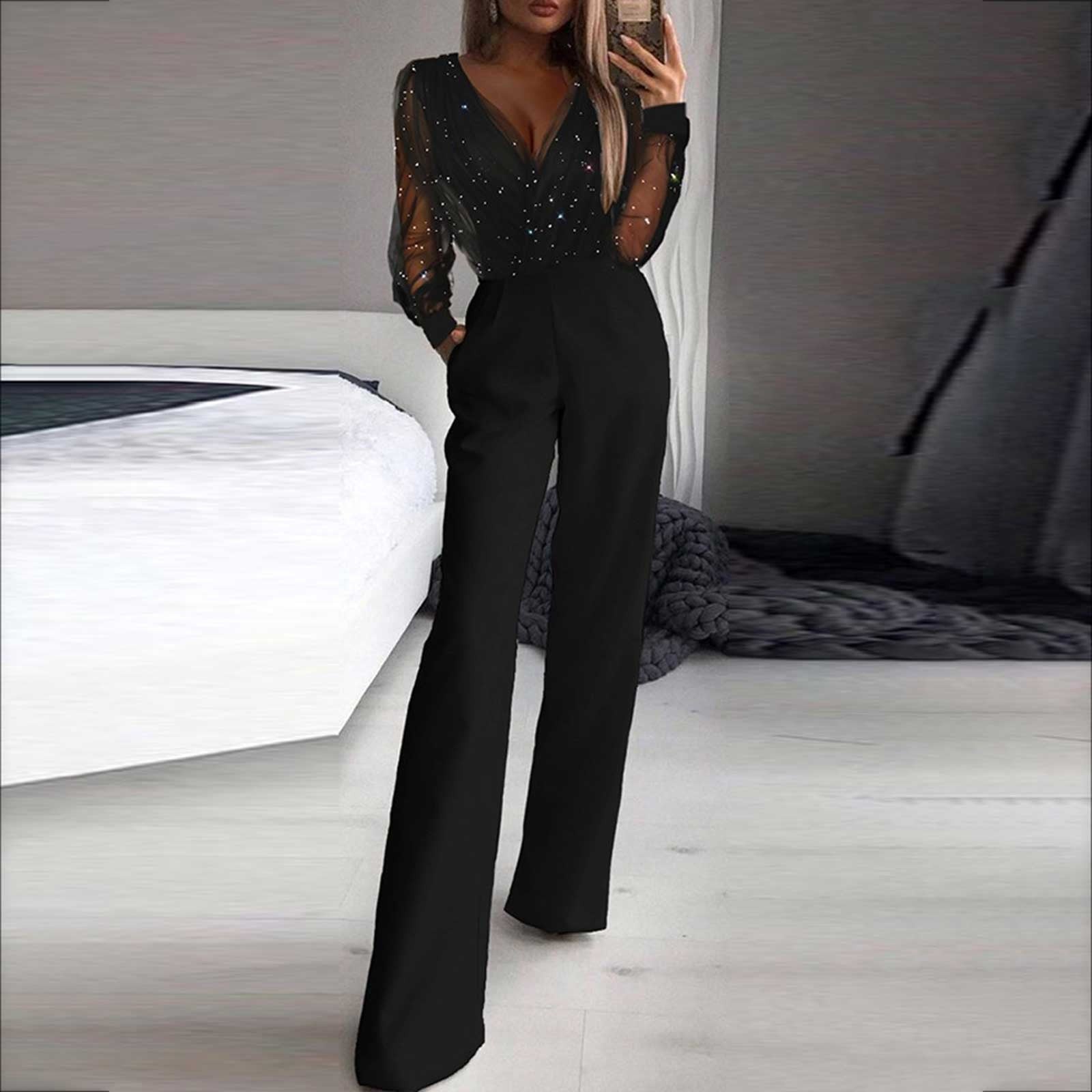 Veronica - Long-sleeved, wide-leg, shimmering knit jumpsuit for autumn