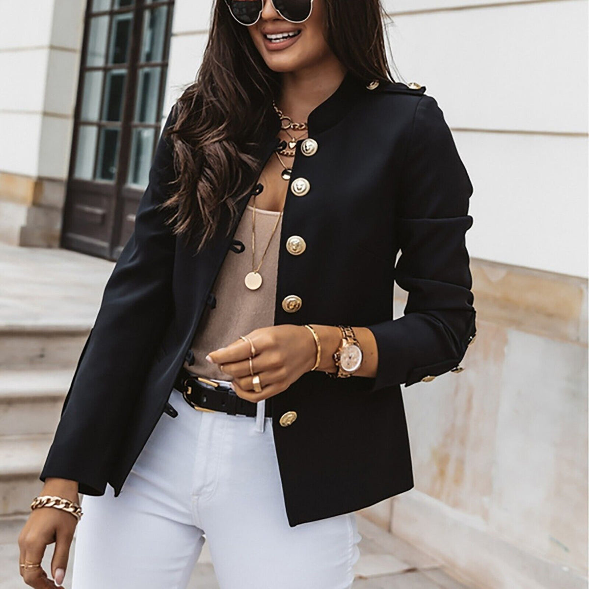 Veste blazer cintrée pour femme avec boutons devant