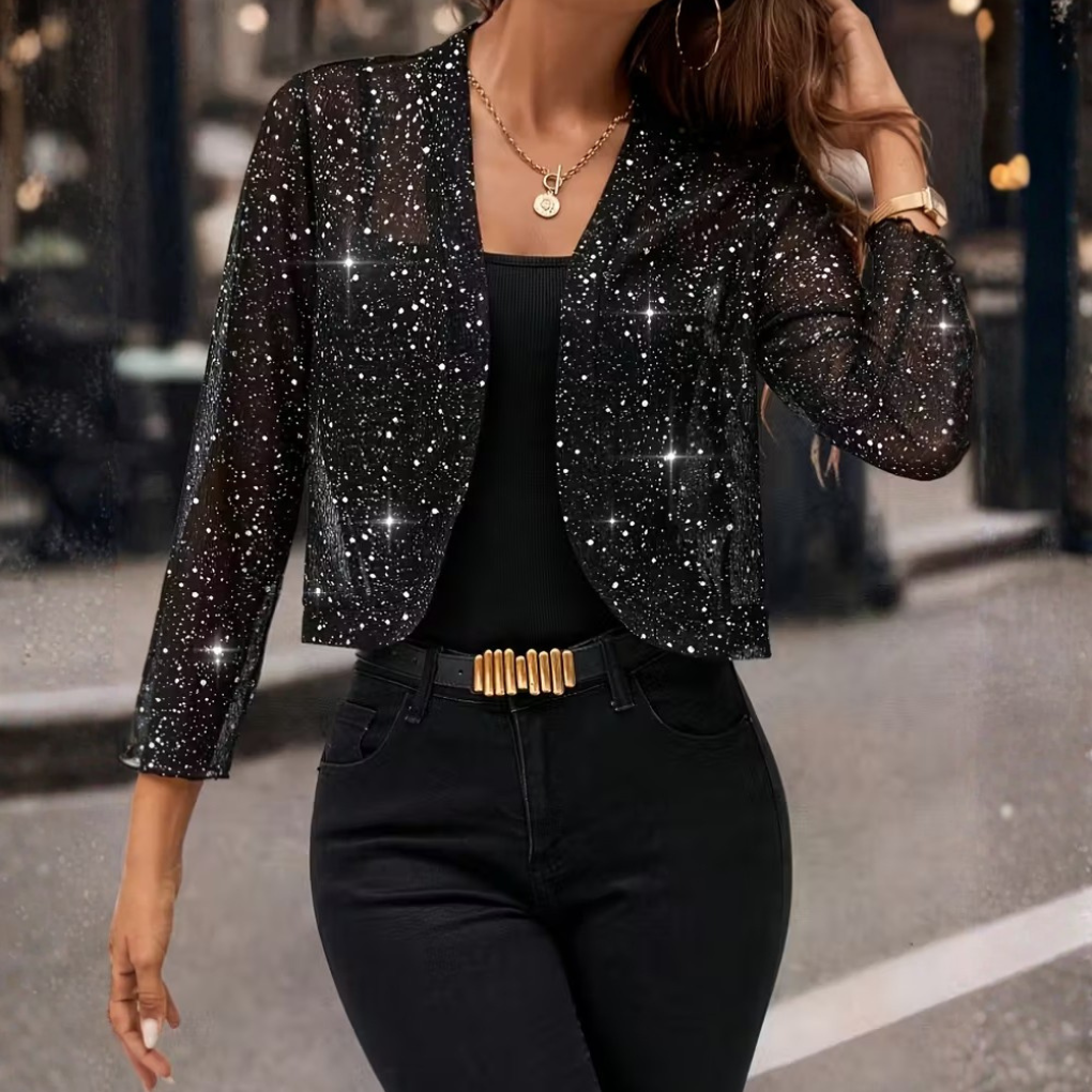 Veste brillante à paillettes ouverte sur le devant