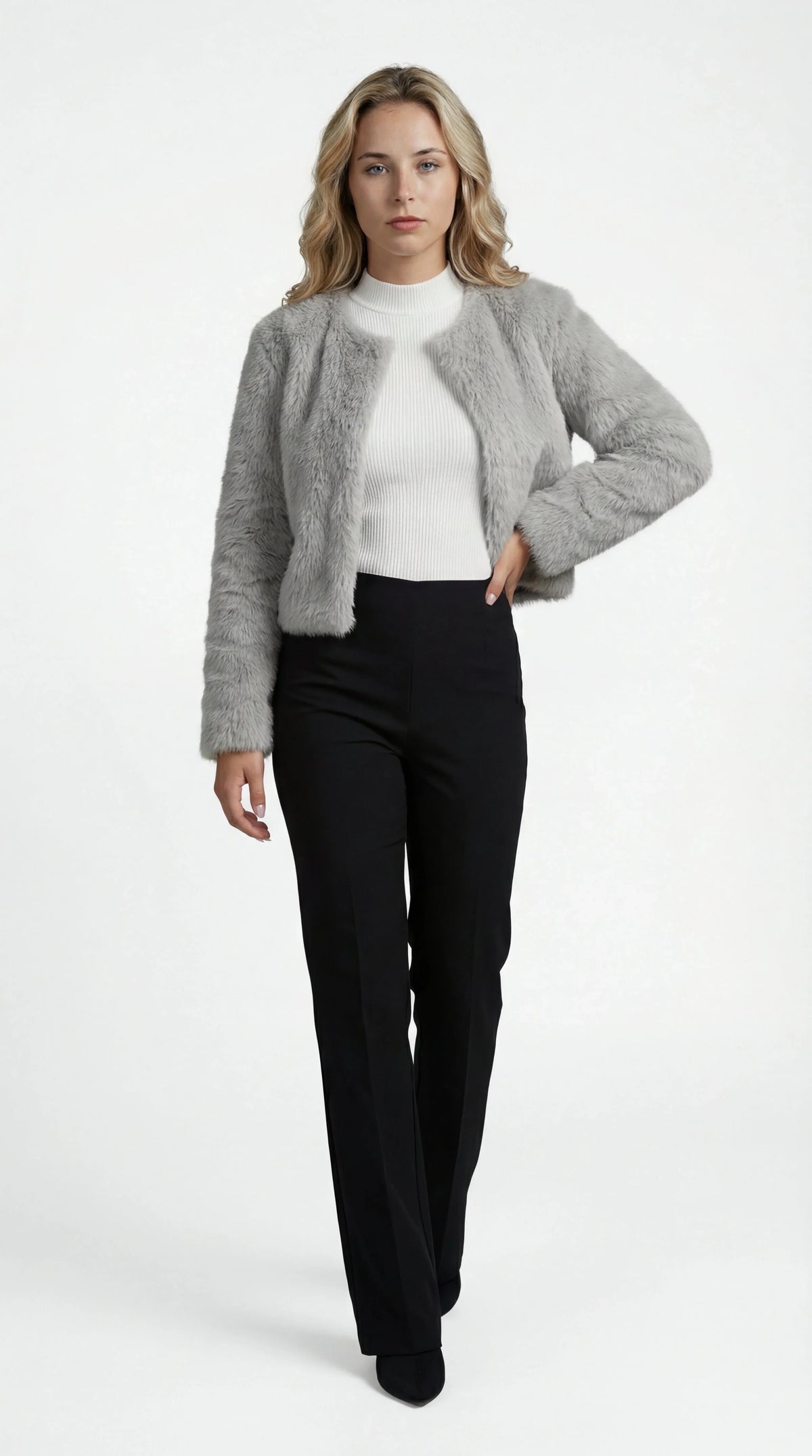 Veste courte pour femme en fausse fourrure douce à col rond et coupe droite