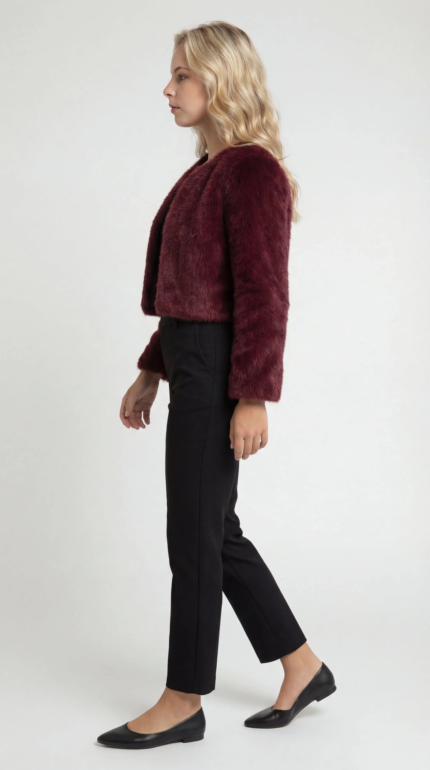 Veste courte pour femme en fausse fourrure douce à col rond et coupe droite