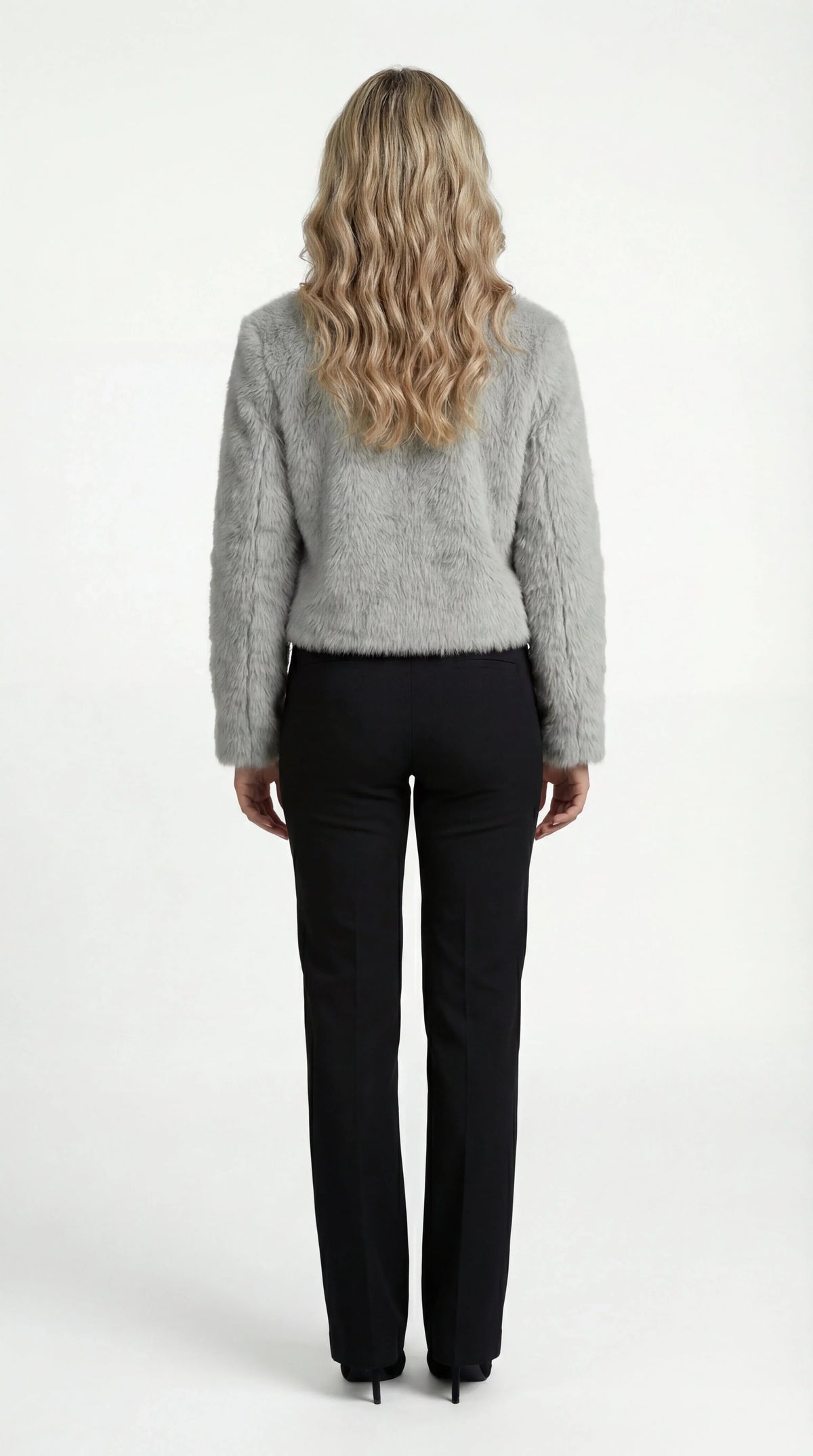 Veste courte pour femme en fausse fourrure douce à col rond et coupe droite