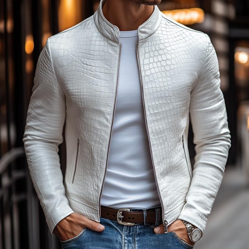 Veste élégante en cuir zippée à motif pierre