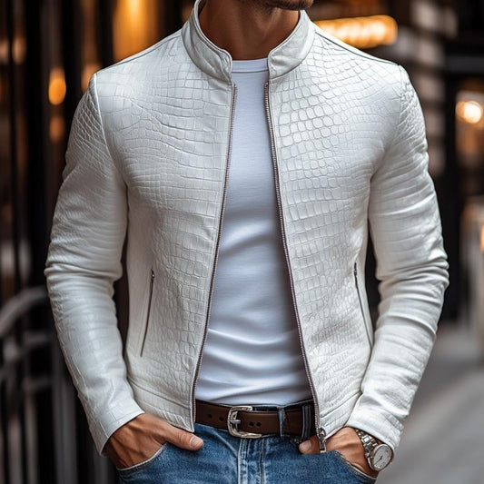 Veste élégante en cuir zippée à motif pierre