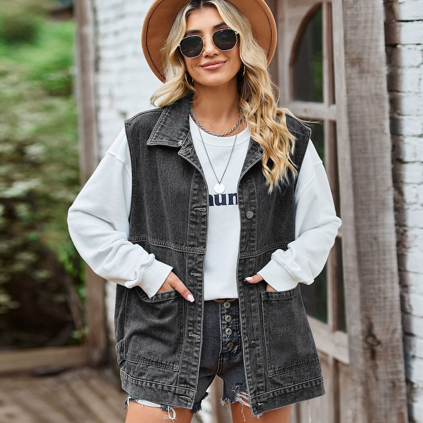 Veste en jean sans manches avec poches pour femme