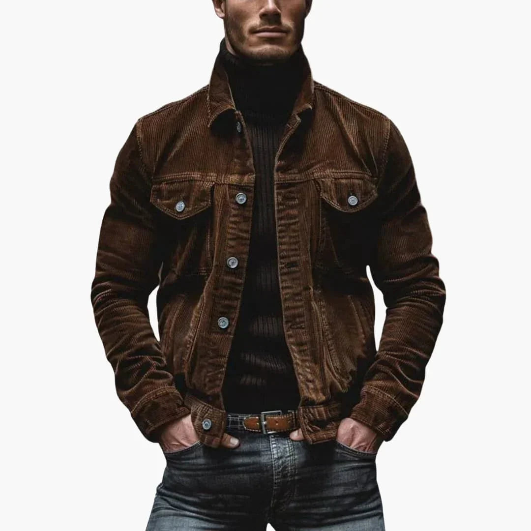 Veste en velours côtelé pour homme avec poches, col et coupe décontractée de style traditionnel