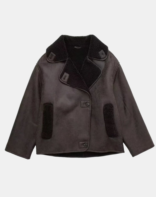 Veste style motard oversize pour femme en faux daim doublée sherpa