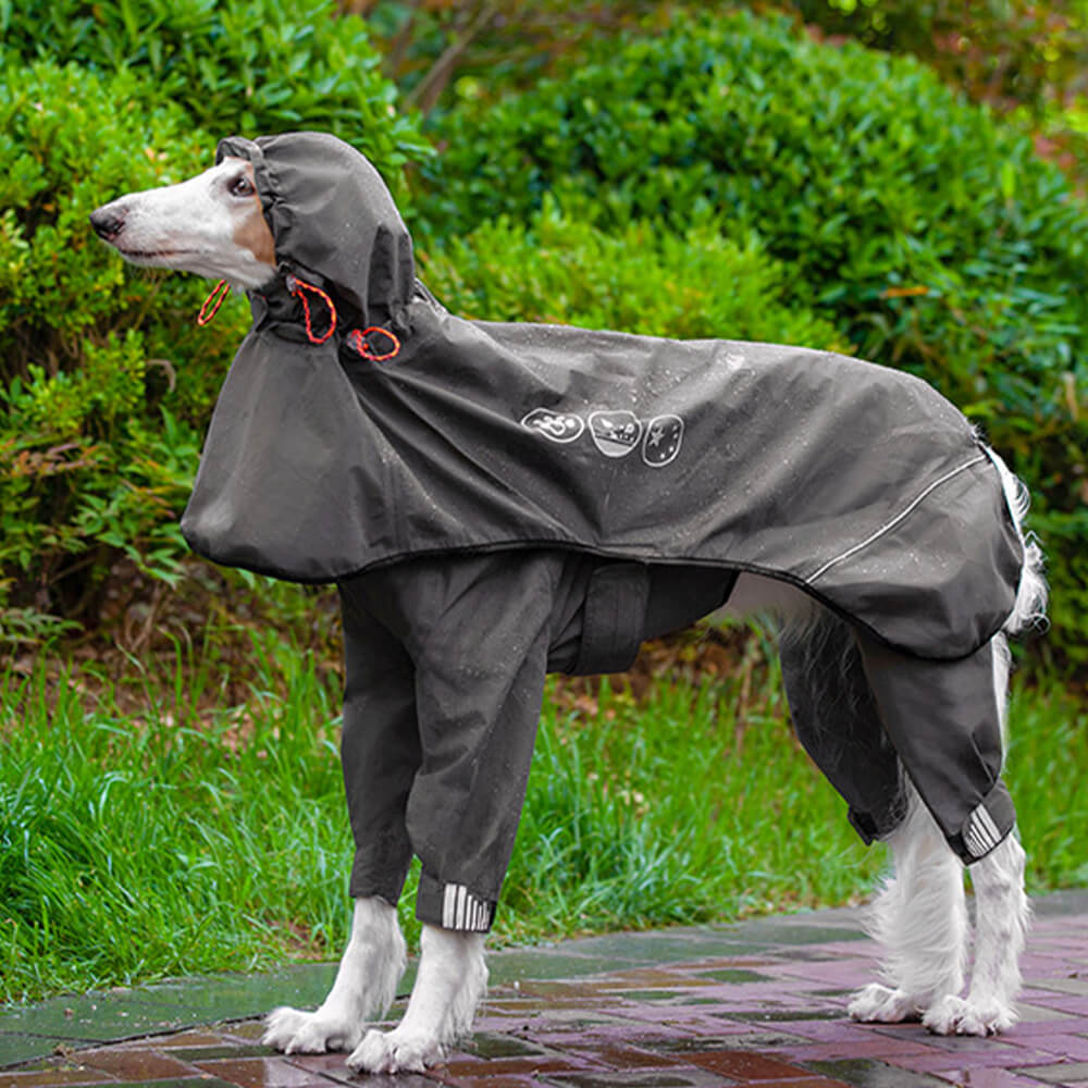 Waterproof Dog Raincoat with Four Legs and Reflective Pattern Hood