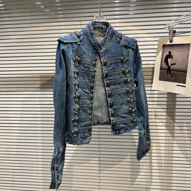 Women's Denim Jacket with Buttoned High Collar