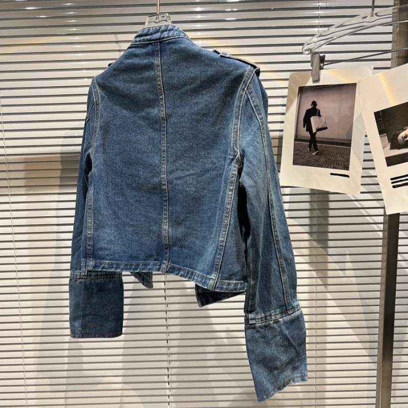 Women's Denim Jacket with Buttoned High Collar